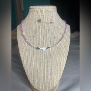 #20. Handmade Purple Beaded Necklace with Cross Pendant